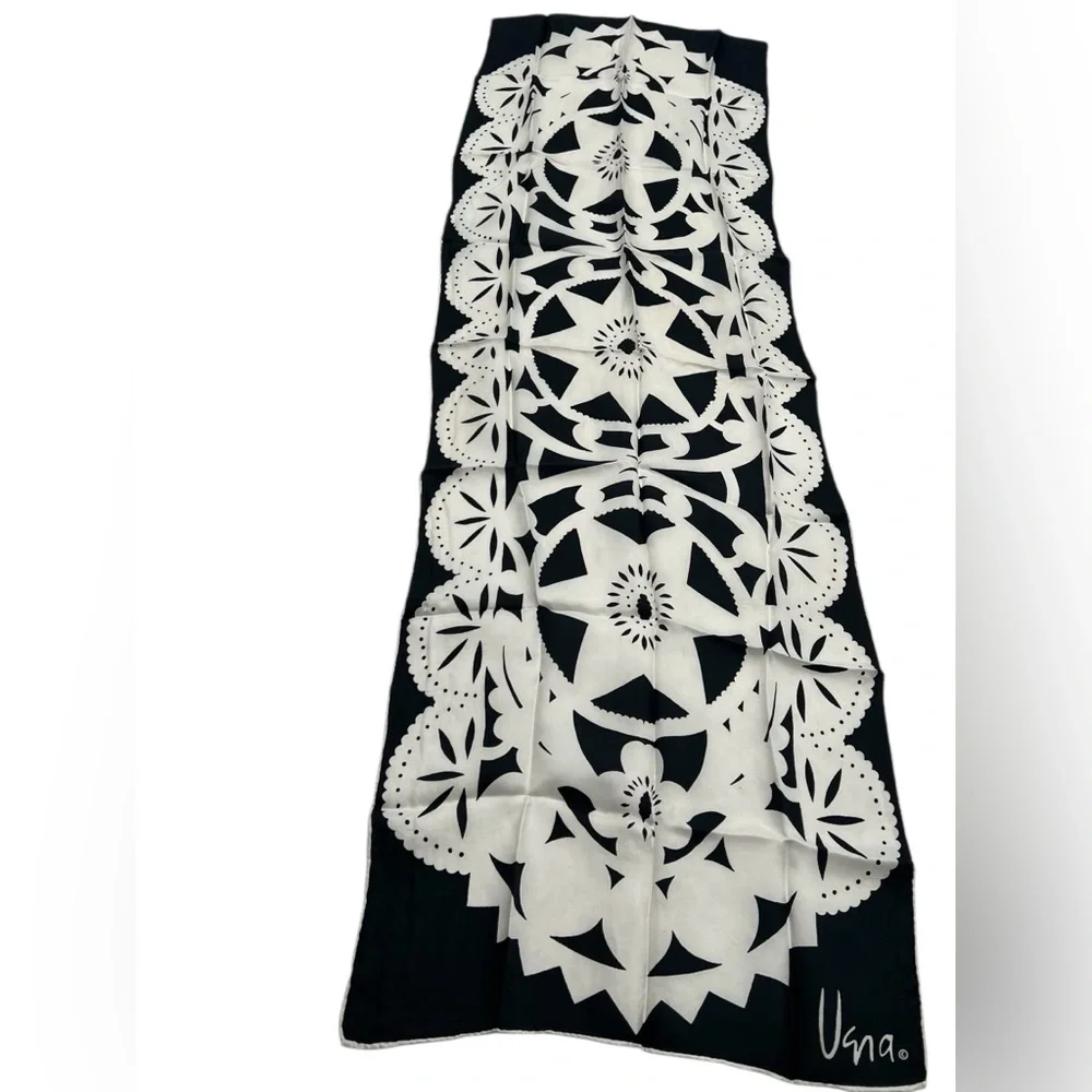 Vintage Vera Neumann black and White Patterned Oblong Scarf 44” x 14” handrolled